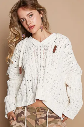 Rib Weave Sleeves Hooded Cable Knit Sweater