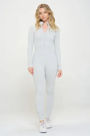 Ribbed Knit Jumpsuit Long Sleeve Zip-up