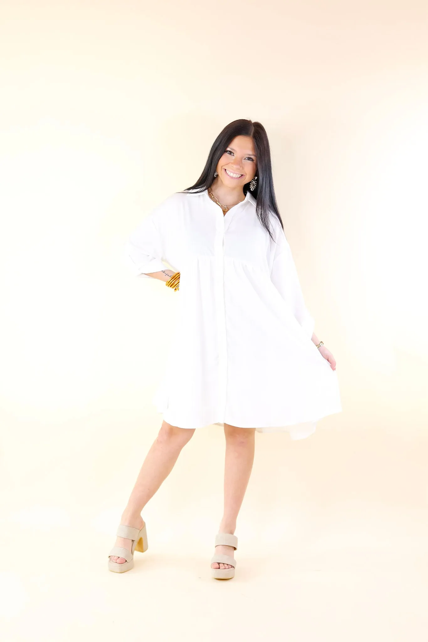 Risky Business Button Up Babydoll Dress in White