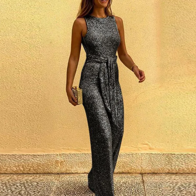 Round neck sleeveless personalized Sequin silver point Jumpsuit women's wear