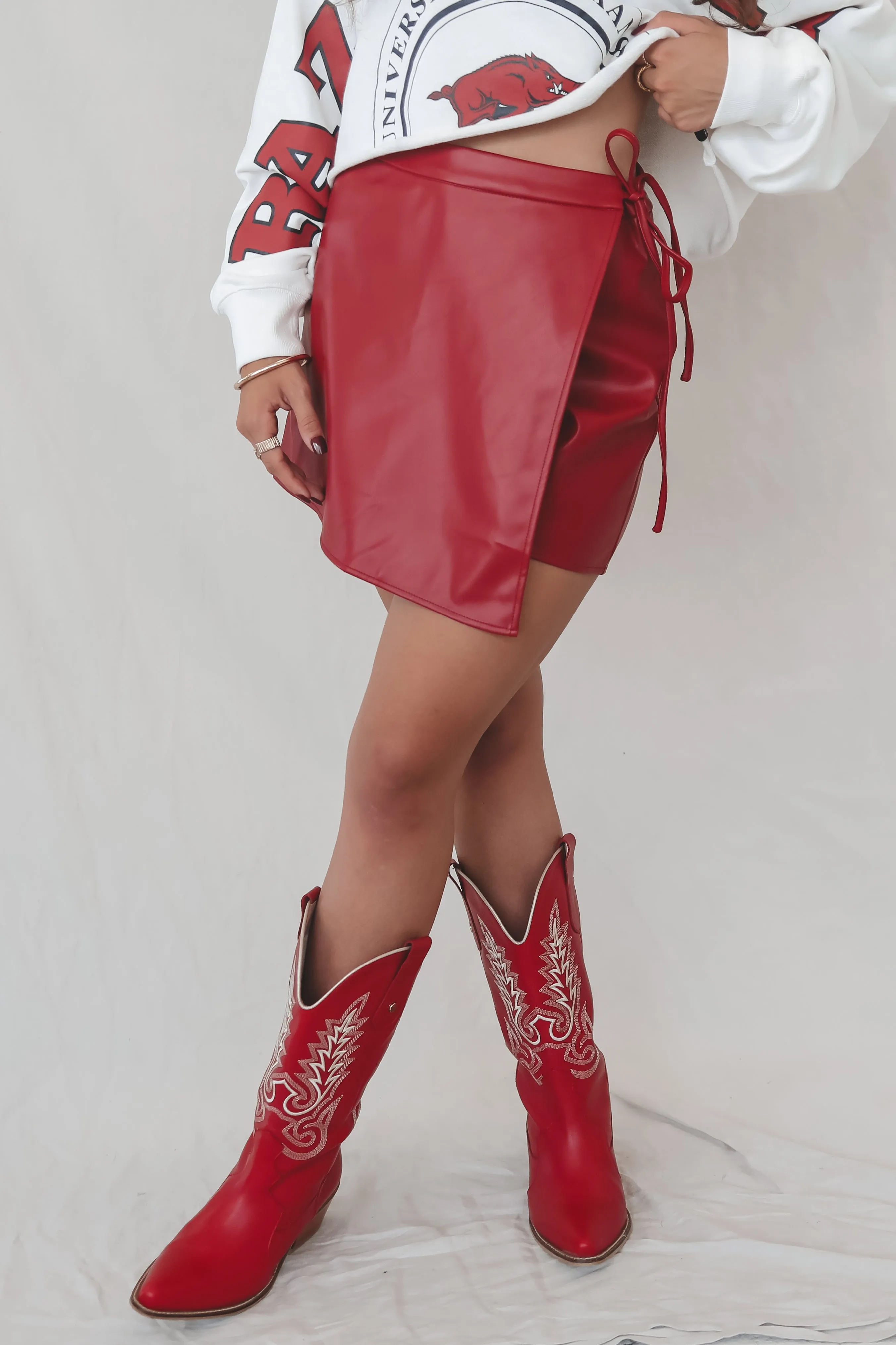 SADIE & SAGE Wine Down Faux Leather Overlaped Red Mini Skort