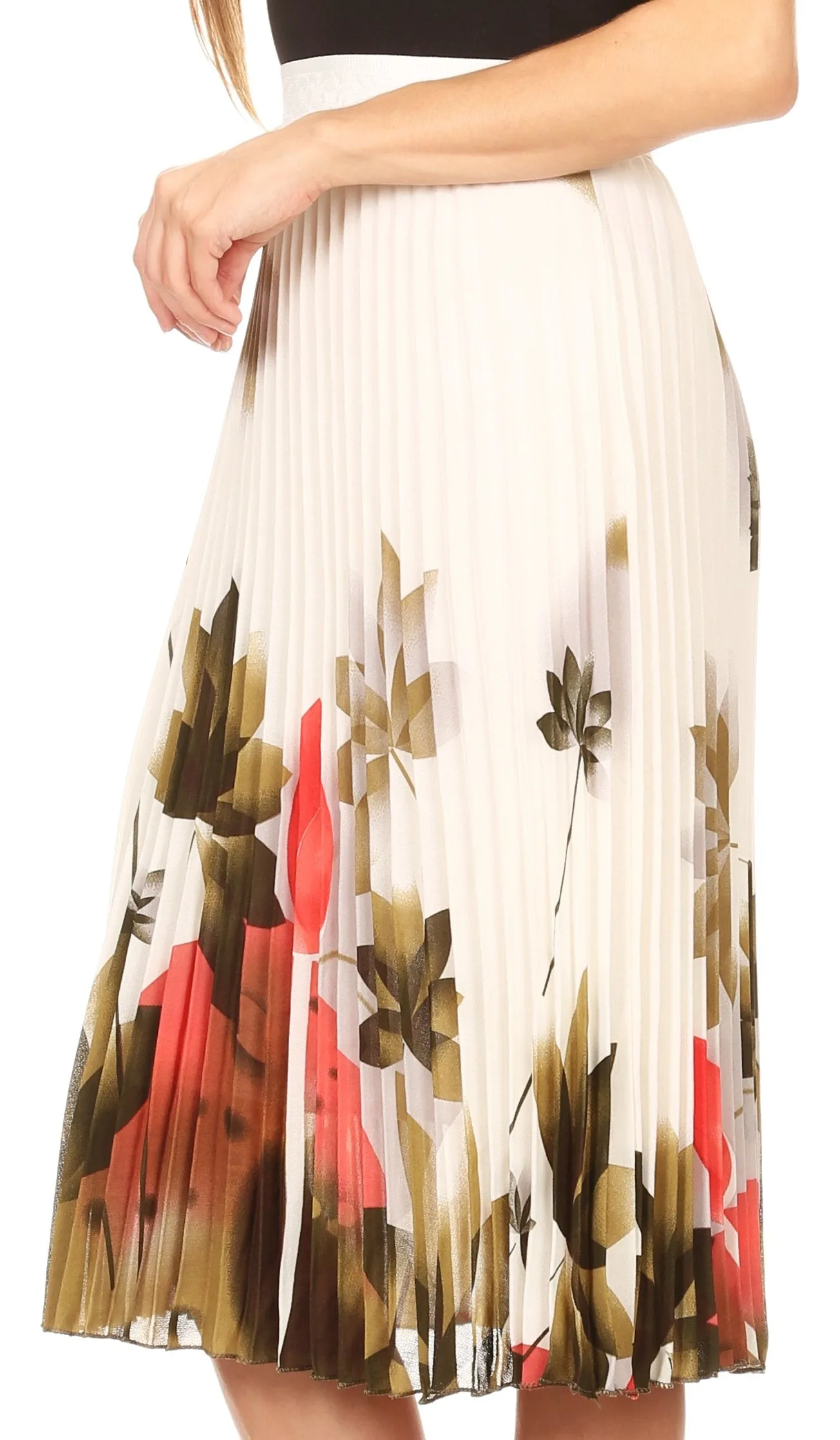 Sakkas Caasi Midi Pleated Light Crepe Skirt with Print and Elastic Waist