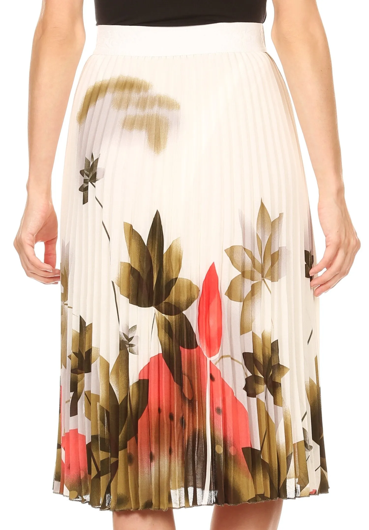 Sakkas Caasi Midi Pleated Light Crepe Skirt with Print and Elastic Waist