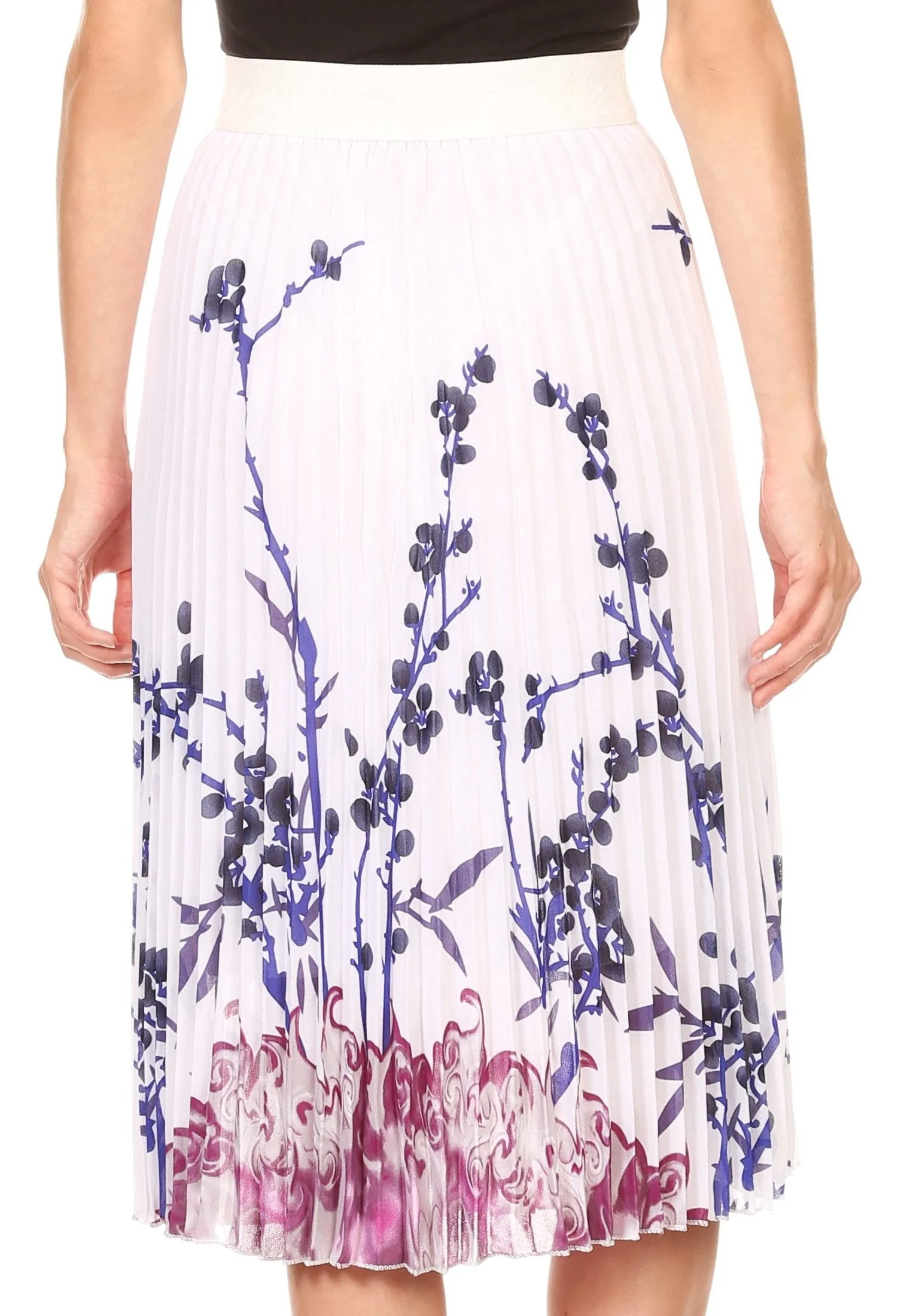 Sakkas Caasi Midi Pleated Light Crepe Skirt with Print and Elastic Waist