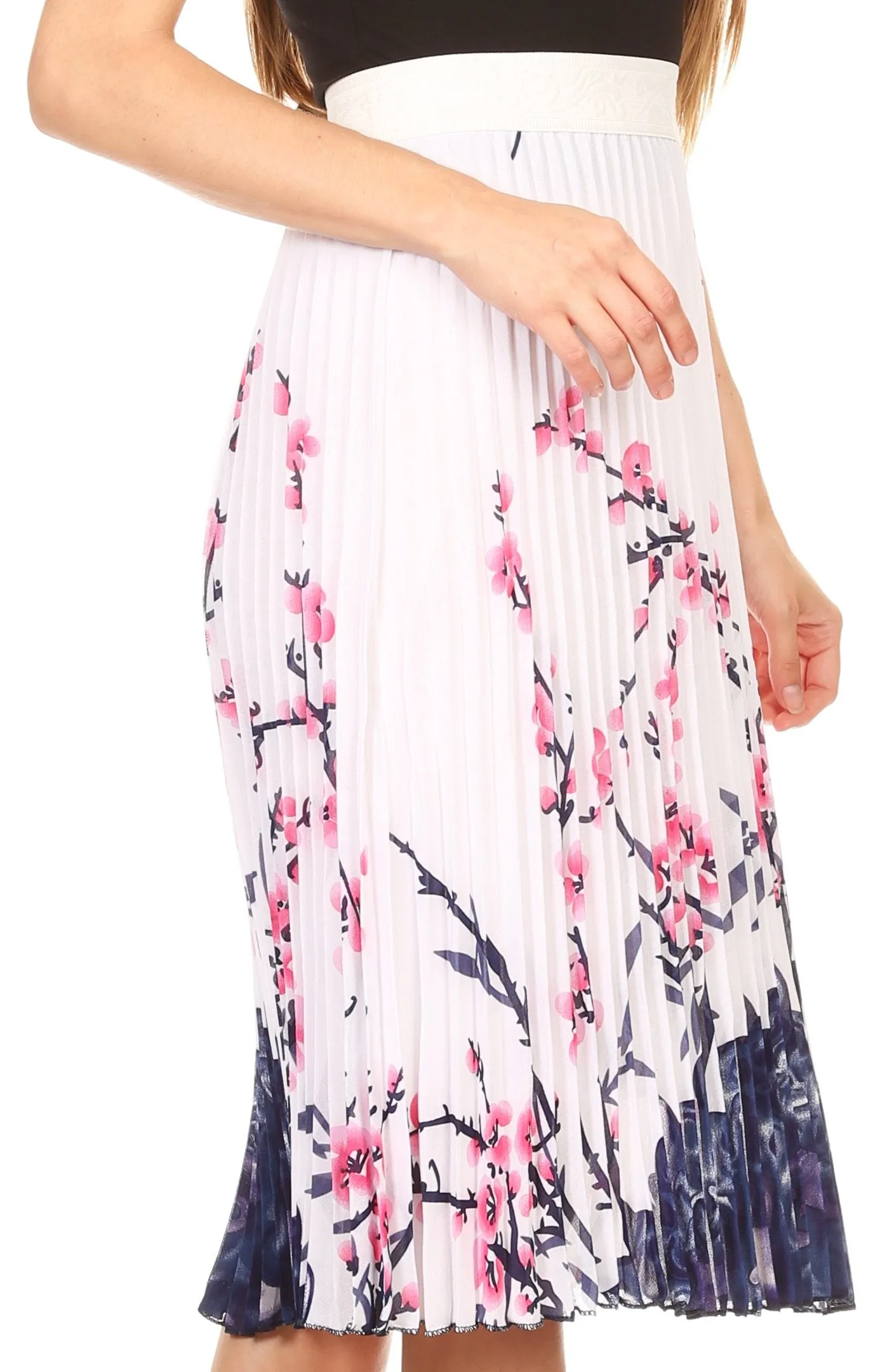 Sakkas Caasi Midi Pleated Light Crepe Skirt with Print and Elastic Waist