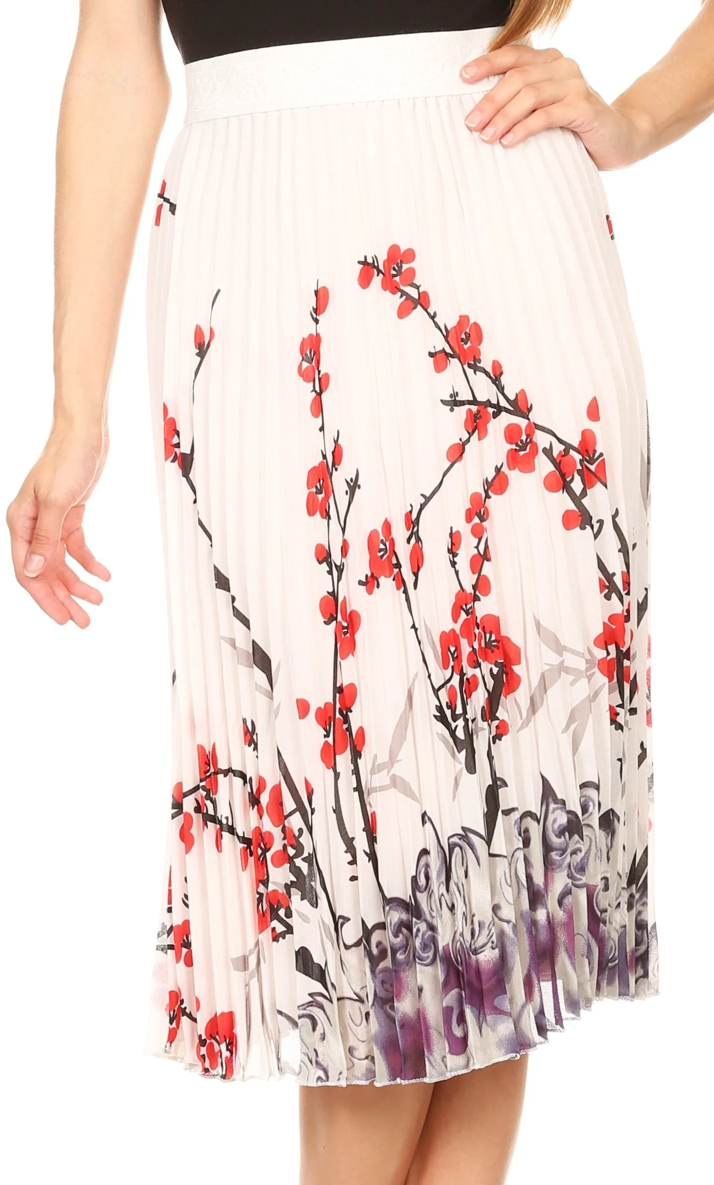 Sakkas Caasi Midi Pleated Light Crepe Skirt with Print and Elastic Waist