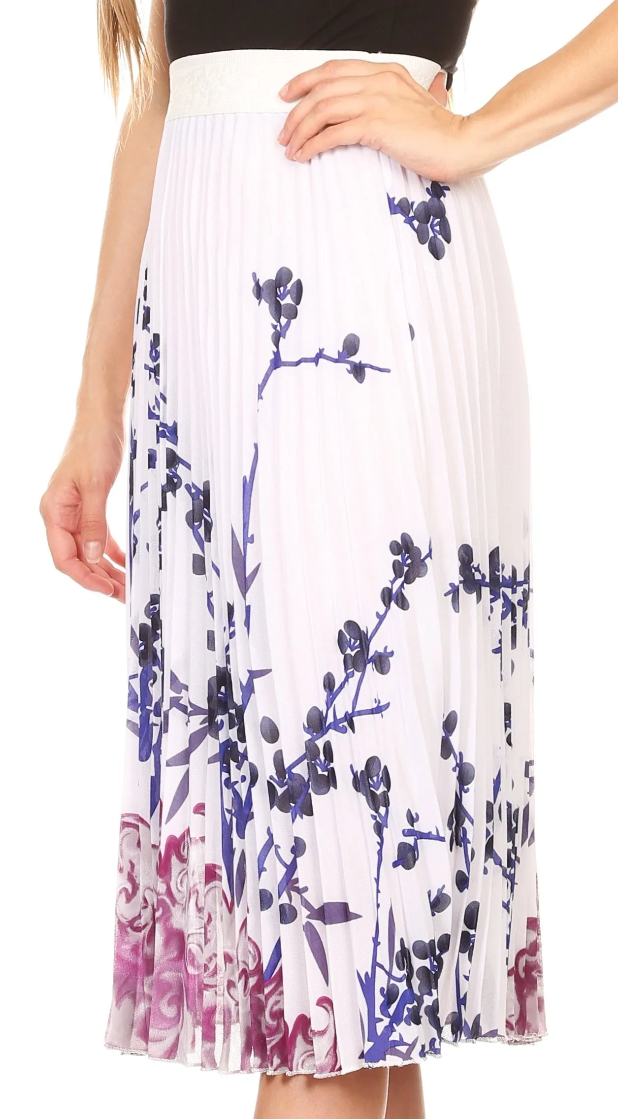 Sakkas Caasi Midi Pleated Light Crepe Skirt with Print and Elastic Waist