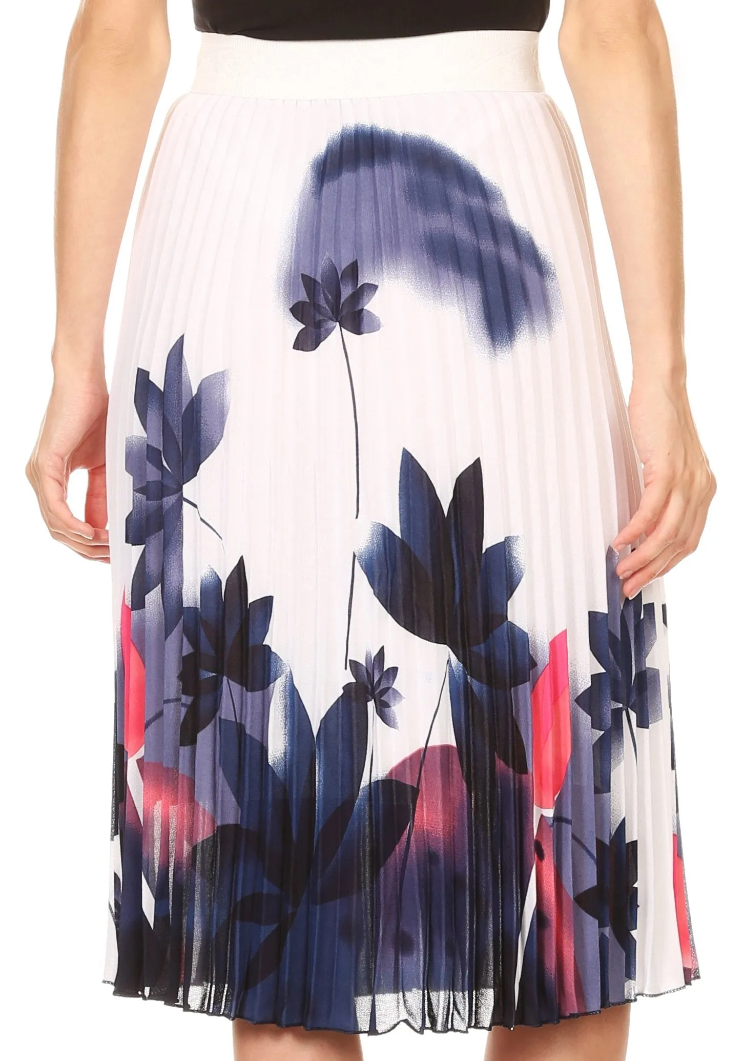 Sakkas Caasi Midi Pleated Light Crepe Skirt with Print and Elastic Waist