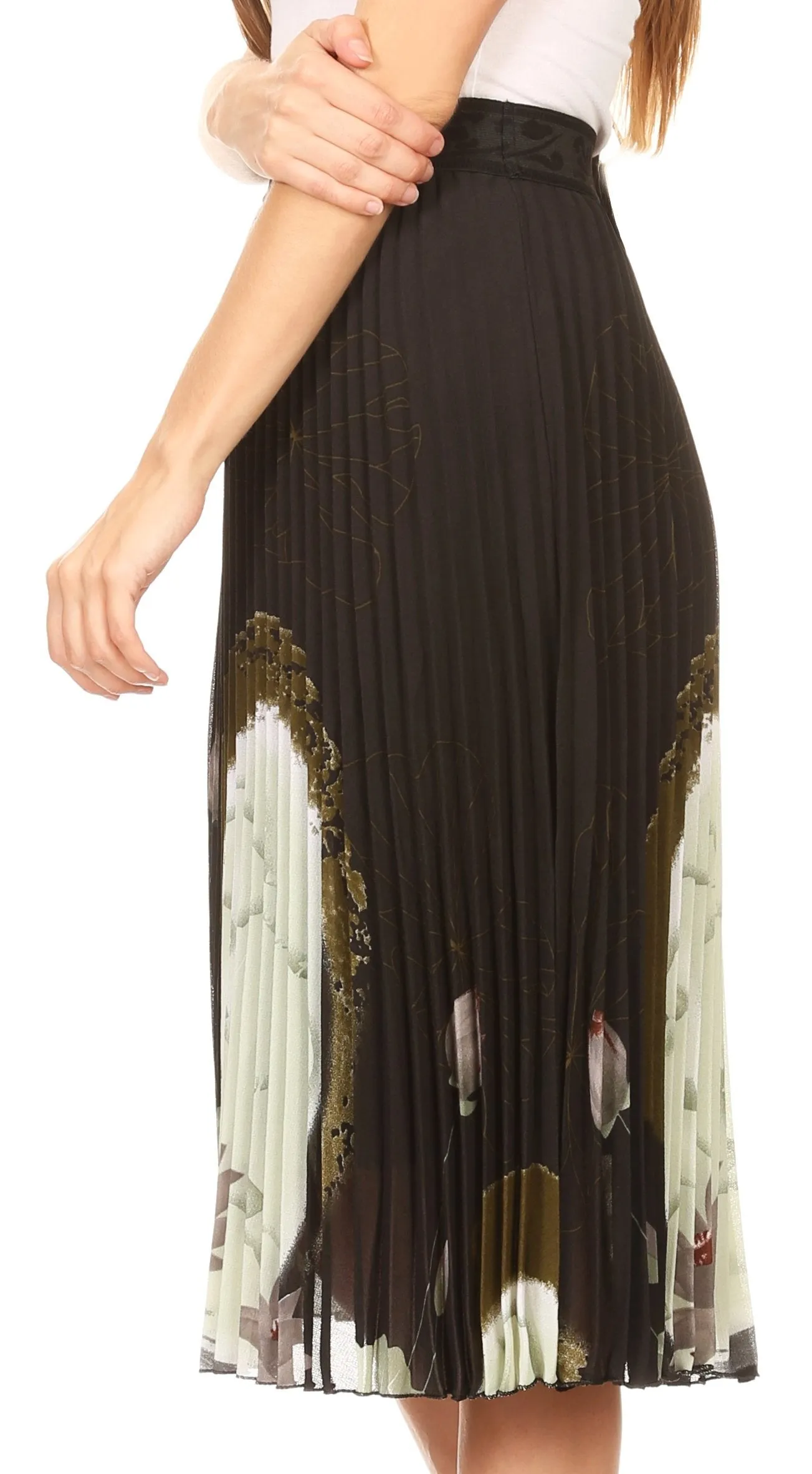 Sakkas Caasi Midi Pleated Light Crepe Skirt with Print and Elastic Waist