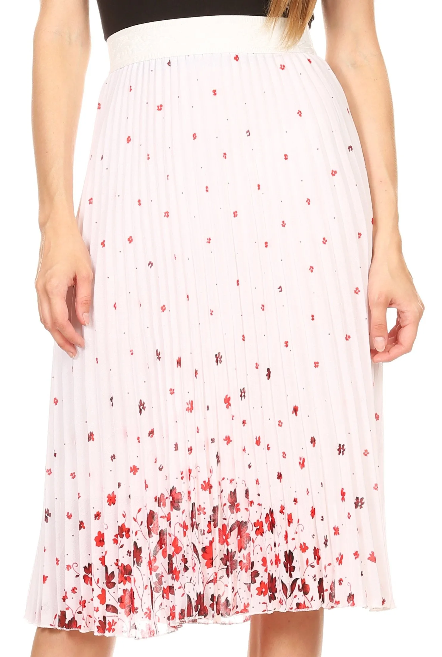 Sakkas Caasi Midi Pleated Light Crepe Skirt with Print and Elastic Waist