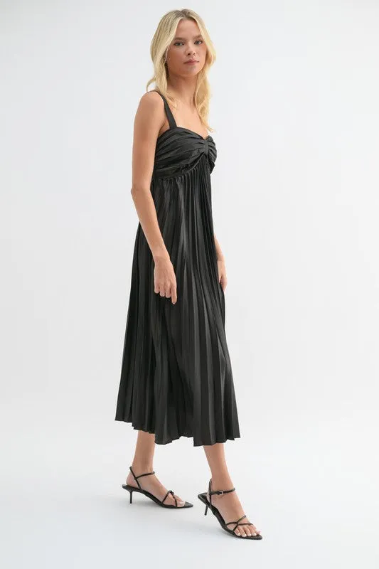 Satin Pleated Midi Dress - Black