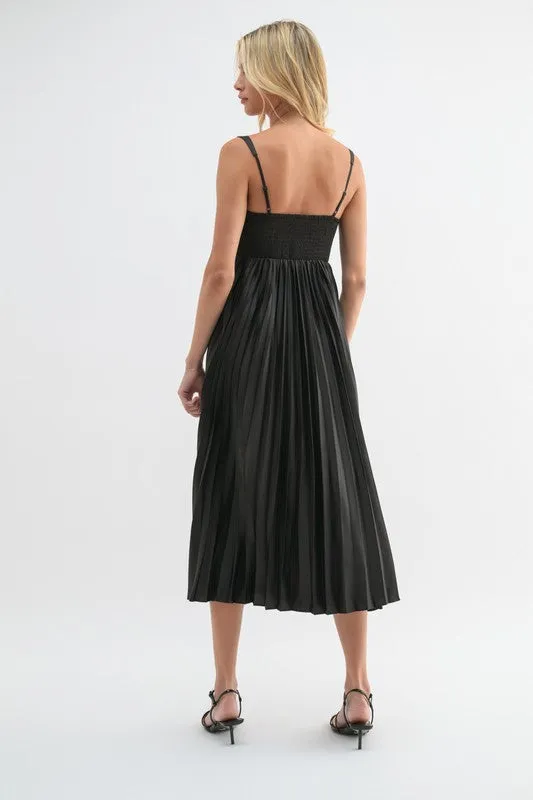 Satin Pleated Midi Dress - Black