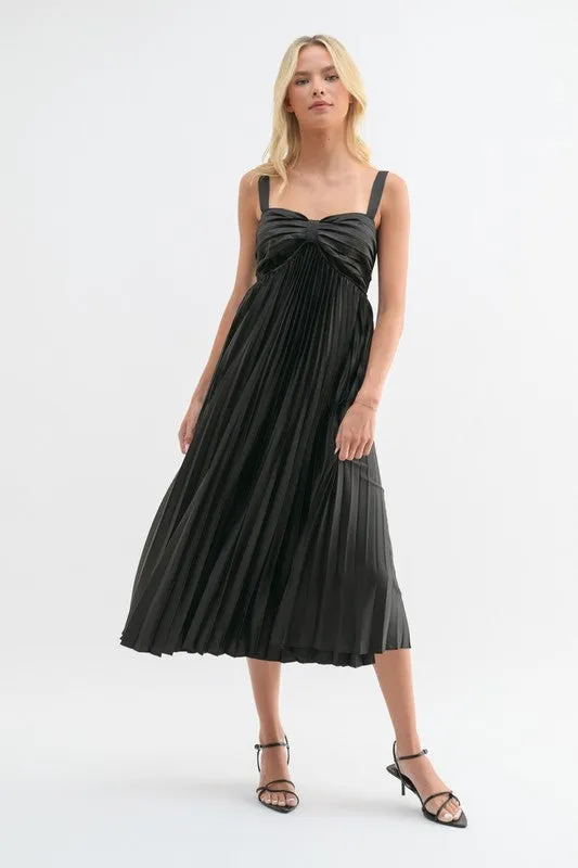 Satin Pleated Midi Dress - Black