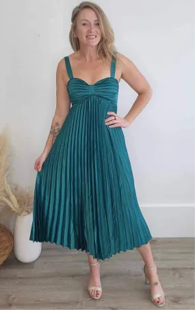 Satin Pleated Midi Dress - Teal Green