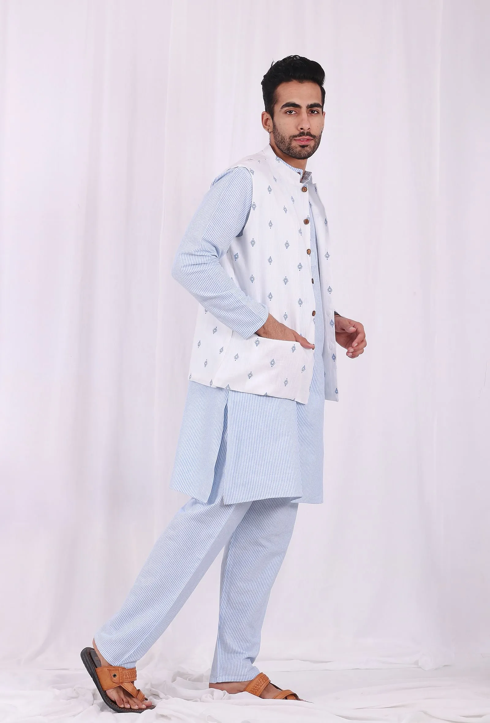 Set of 3: Blue Striped Cotton Kurta and Pajama  with Blue hand Block Printed Nehru Jacket