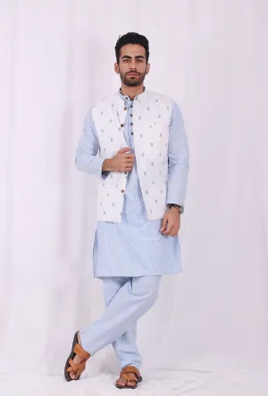 Set of 3: Blue Striped Cotton Kurta and Pajama  with Blue hand Block Printed Nehru Jacket