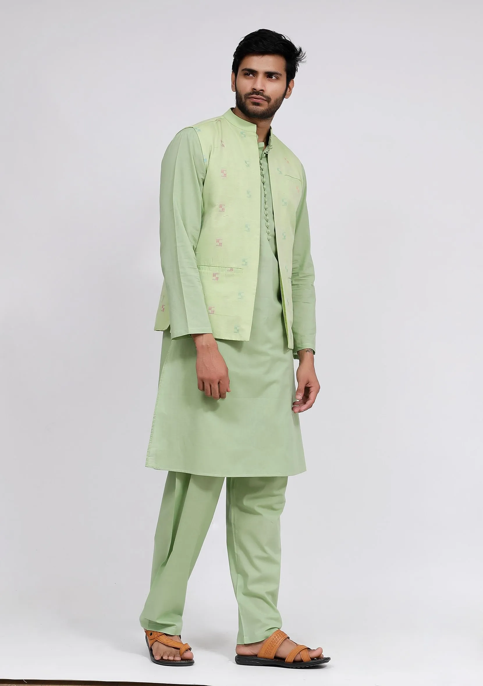 Set of 3: Mint Green Dobby Nehru Jacket With Mint Green Cotton Kurta and Pajama