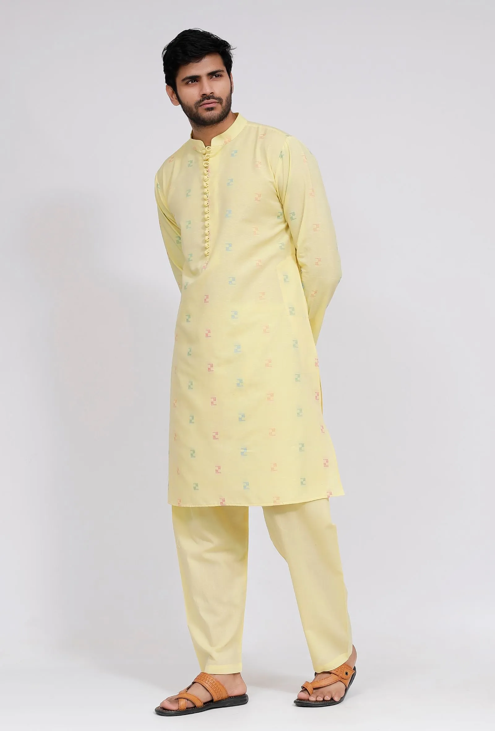 Set of 3: Yellow Stripe Nehru Jacket With Yellow Dobby Button Down Kurta and Pajama