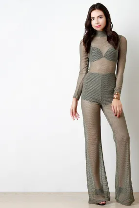 Sheer Lace Mock Neck Longsleeve Wide Leg Jumpsuit