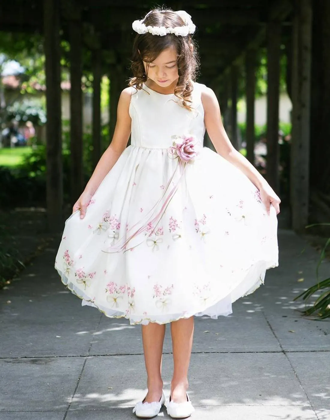 Shimmery Satin Bodice and Floral Embroidered Organza Overlay Skirt Dress - Ivory