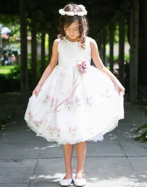 Shimmery Satin Bodice and Floral Embroidered Organza Overlay Skirt Dress - Ivory