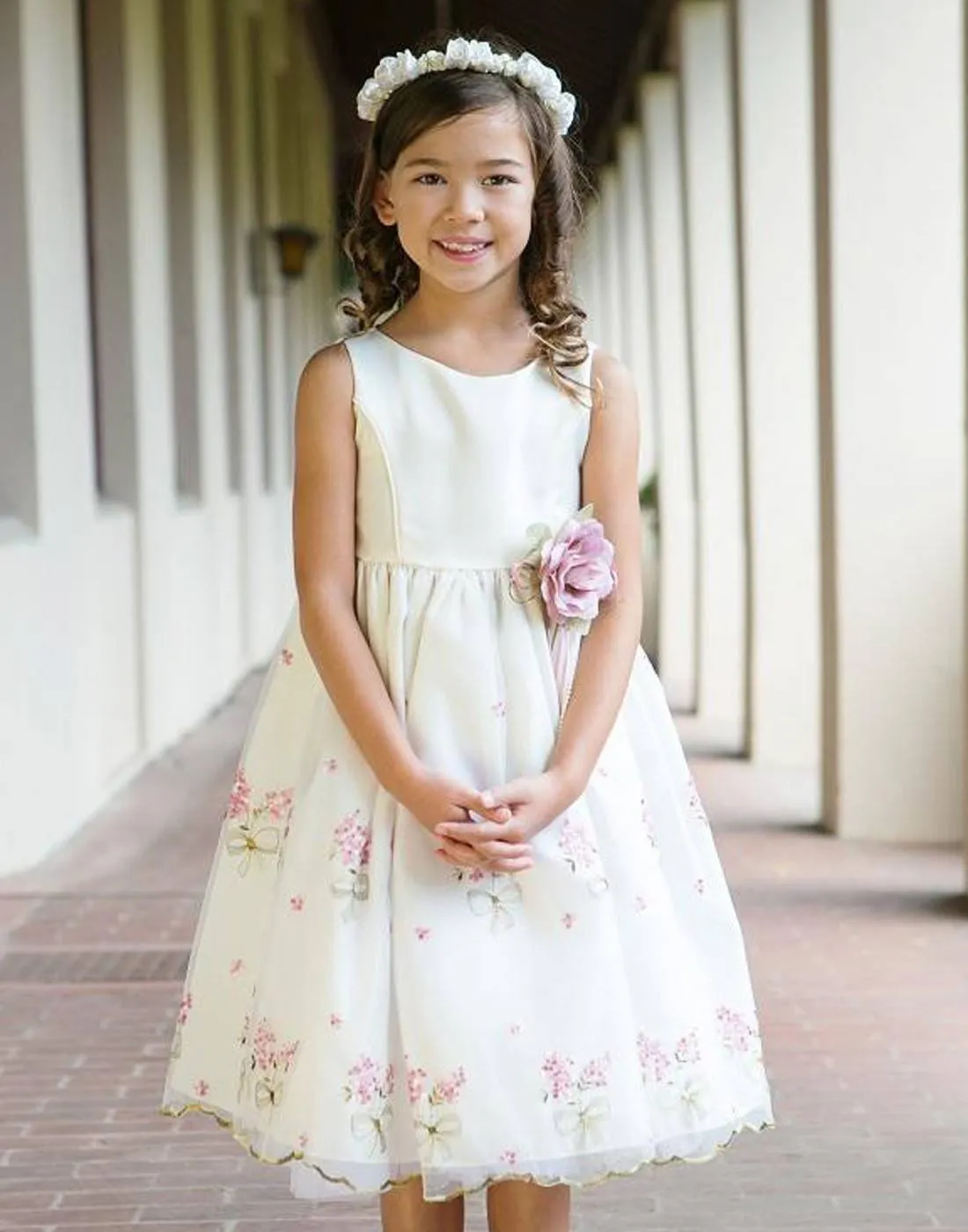 Shimmery Satin Bodice and Floral Embroidered Organza Overlay Skirt Dress - Ivory