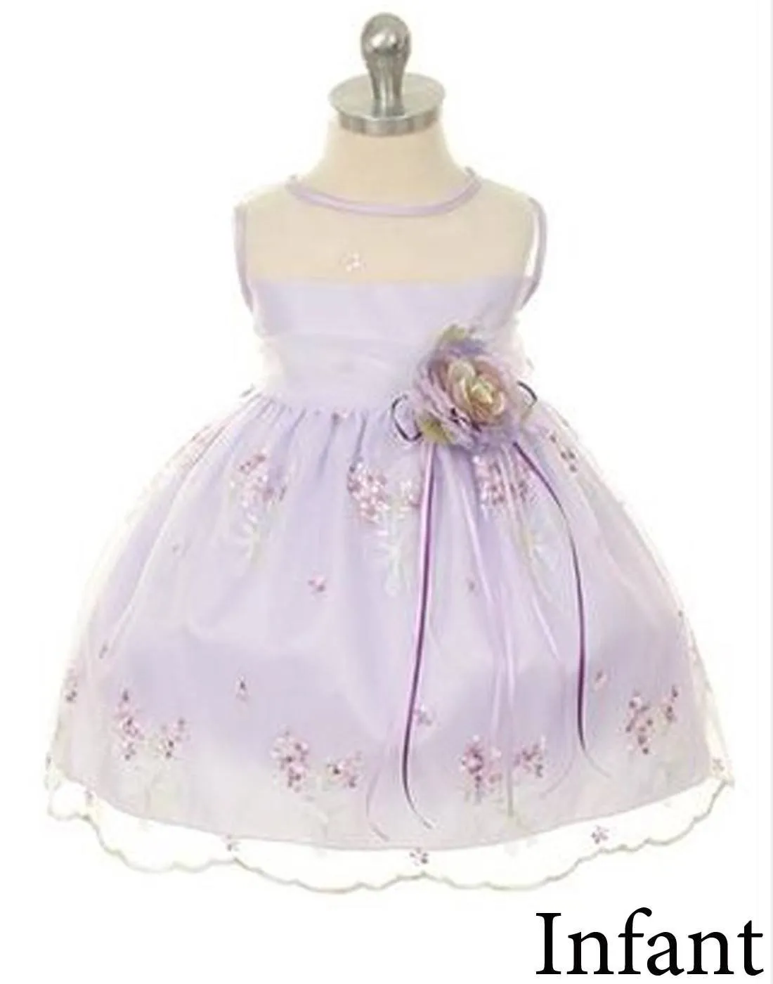 Shimmery Satin Bodice and Floral Embroidered Organza Overlay Skirt Dress - Lavender