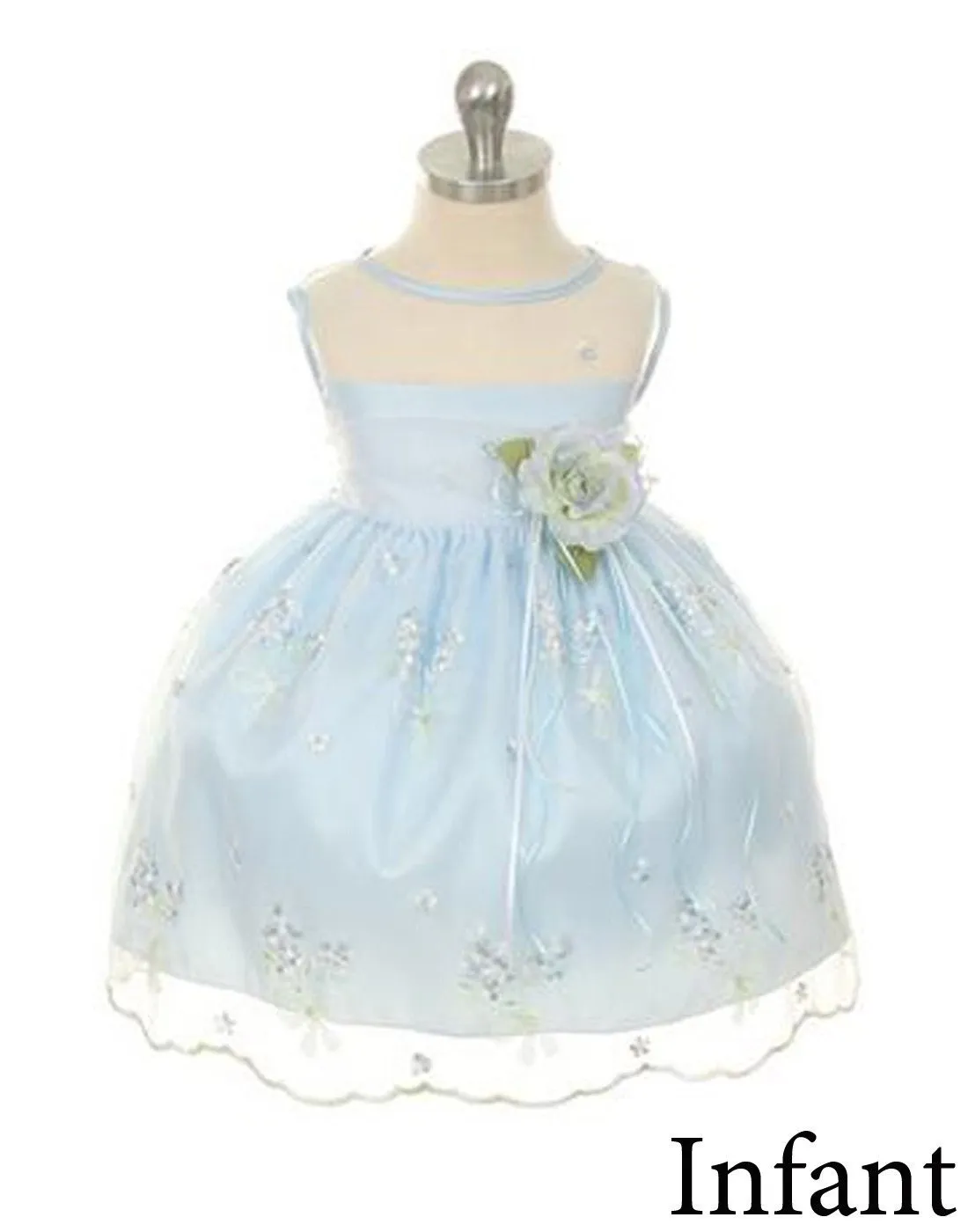 Shimmery Satin Bodice and Floral Embroidered Organza Overlay Skirt Dress - Light Blue