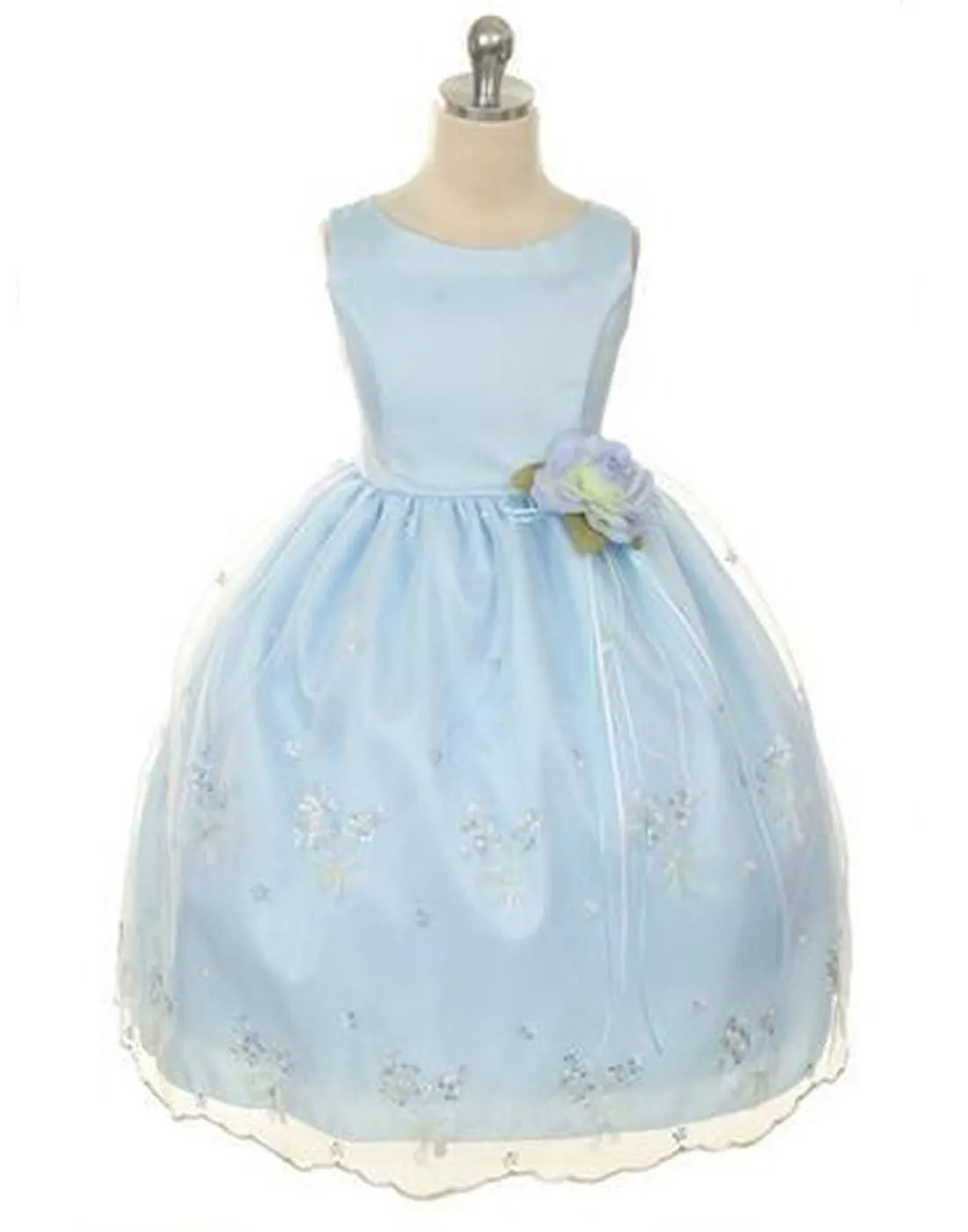 Shimmery Satin Bodice and Floral Embroidered Organza Overlay Skirt Dress - Light Blue