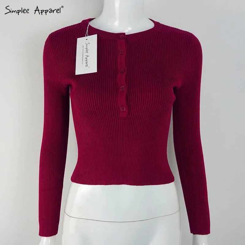 Simplee Apparel autumn warm pullover red short knitted sweater Women tops elastic Autumn Winter 90's crop top long female tops