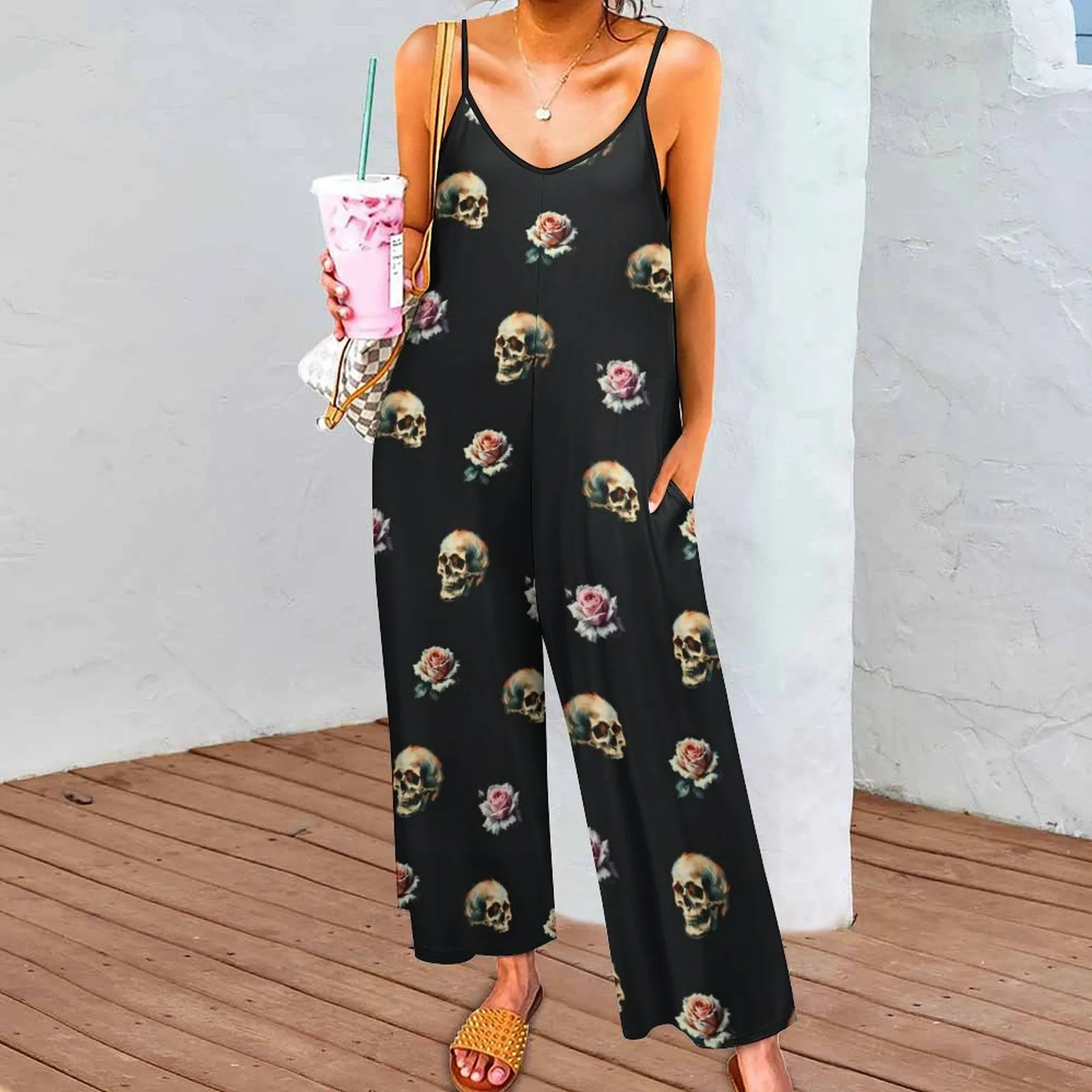 Skull and Roses Suspender Jumpsuit Suspender Jumpsuit