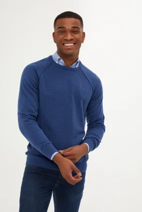 Slim Fit Patterned Cotton Blend Indigo Crewneck Sweater