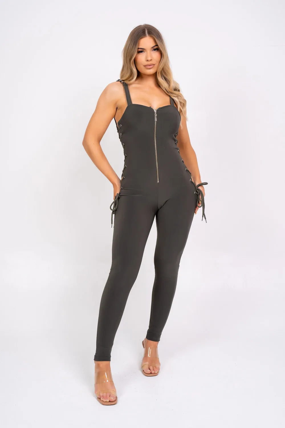 Snatched Khaki Sculpted Cut Out Rope Tie Side Jumpsuit Romper