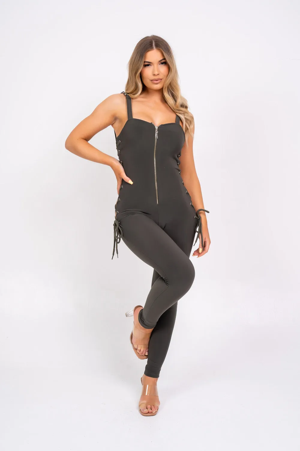 Snatched Khaki Sculpted Cut Out Rope Tie Side Jumpsuit Romper