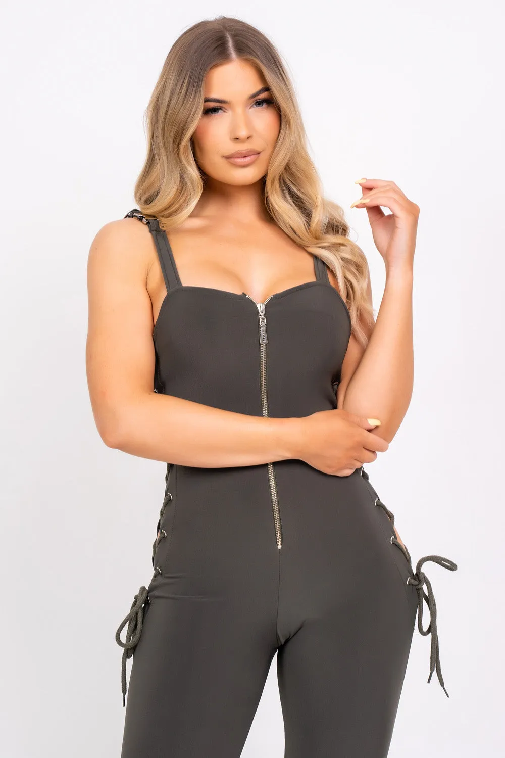 Snatched Khaki Sculpted Cut Out Rope Tie Side Jumpsuit Romper