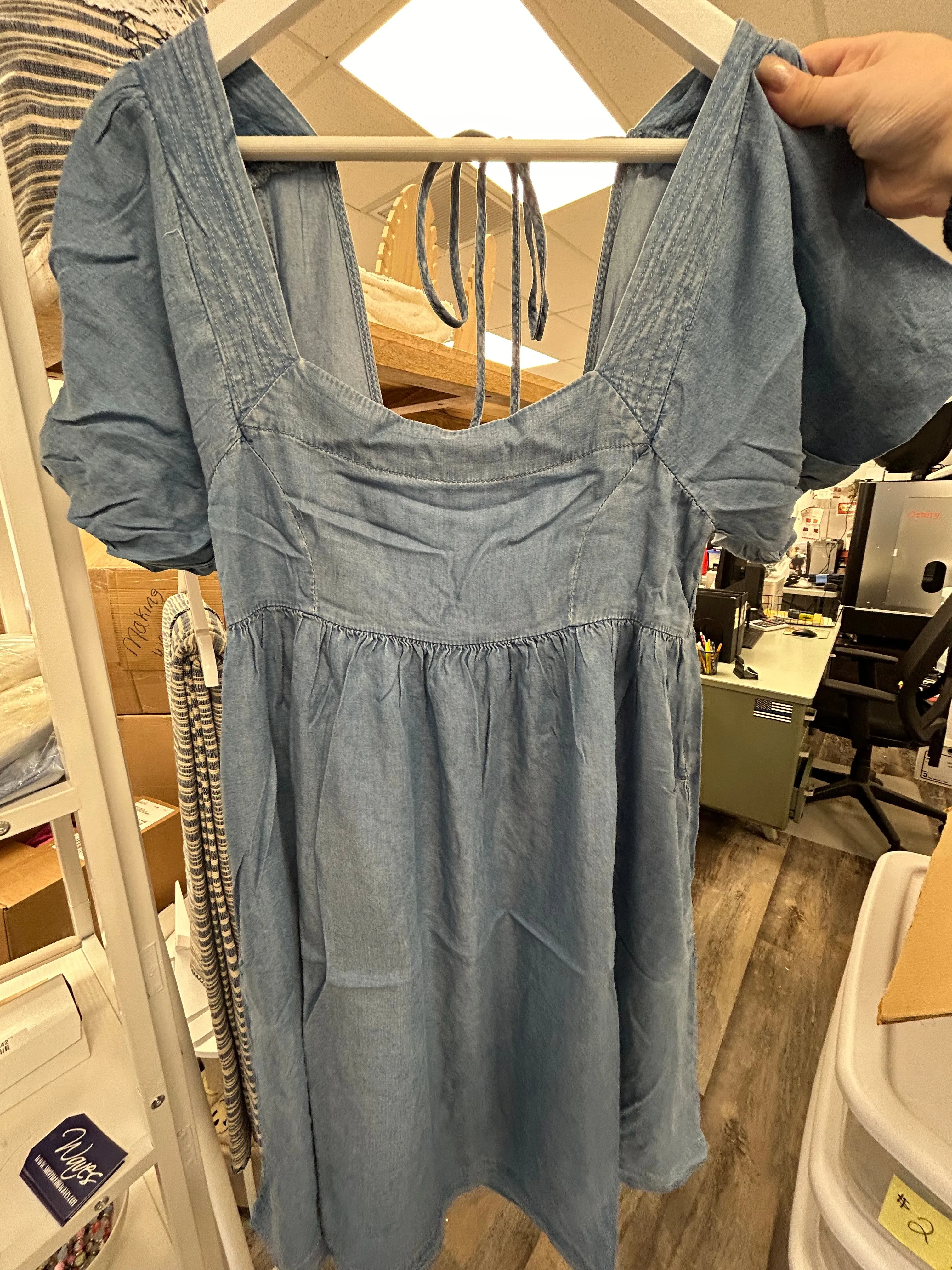 Square Neck Bubble Sleeve Babydoll Mini Dress With Pockets - Denim Blue