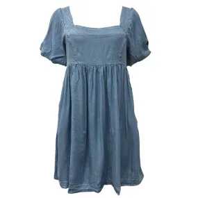 Square Neck Bubble Sleeve Babydoll Mini Dress With Pockets - Denim Blue