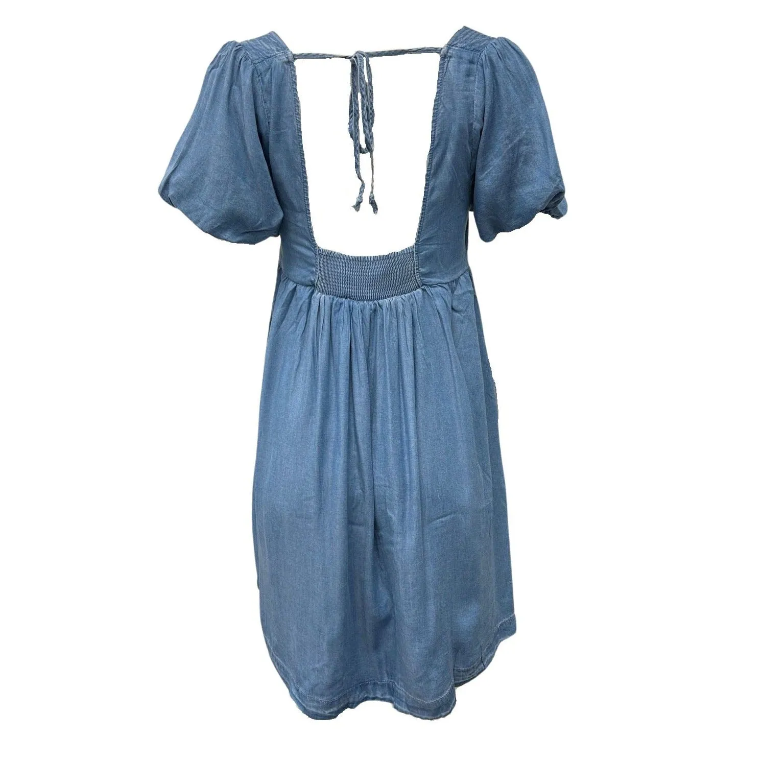 Square Neck Bubble Sleeve Babydoll Mini Dress With Pockets - Denim Blue