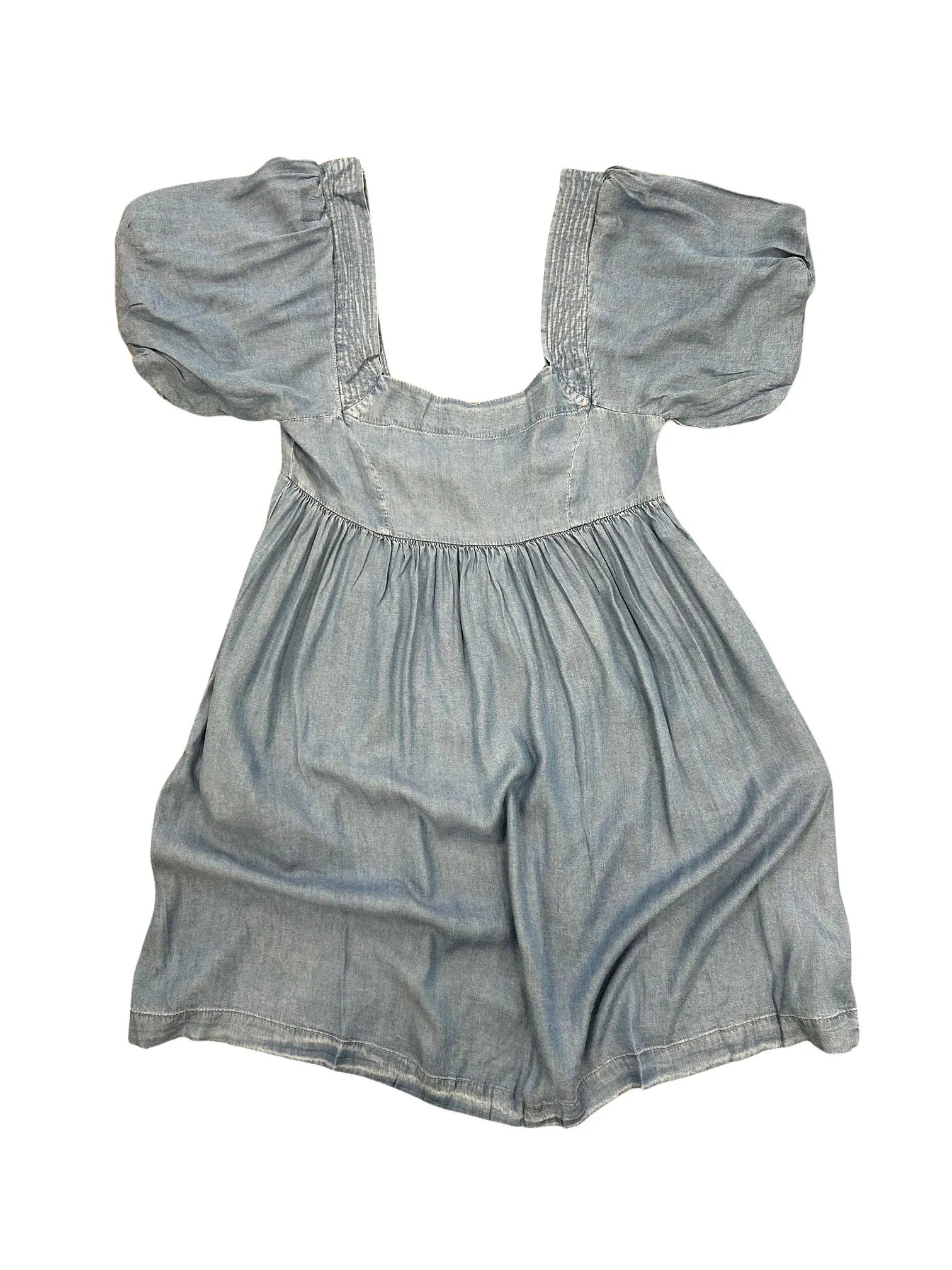 Square Neck Bubble Sleeve Babydoll Mini Dress With Pockets - Denim Blue