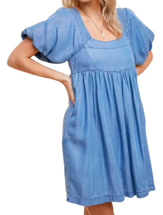 Square Neck Bubble Sleeve Babydoll Mini Dress With Pockets - Denim Blue