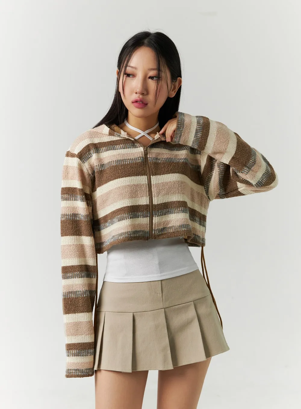 Striped Shirring Hooded Crop Sweater CD301