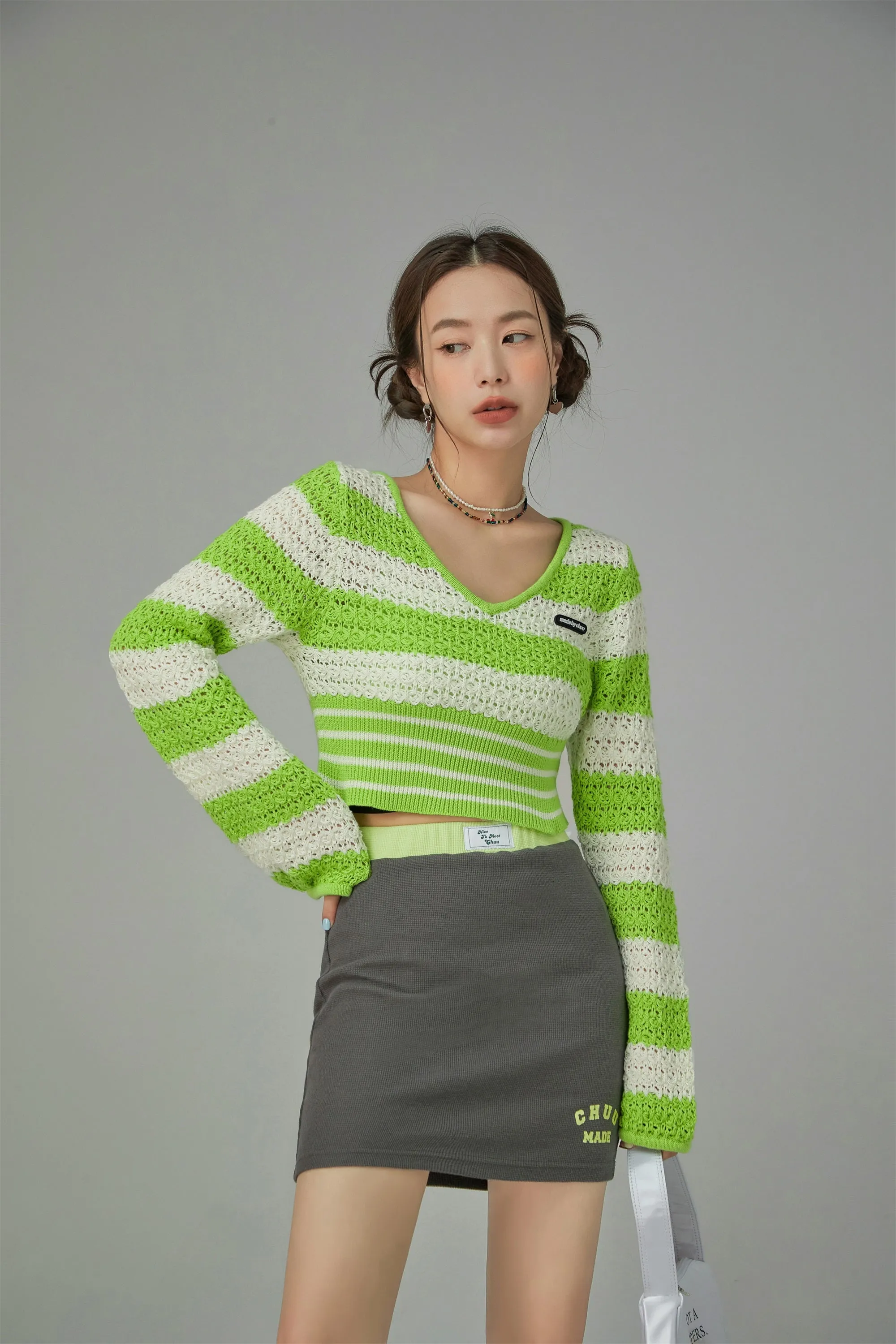 Striped V-Neck Knit Crop Sweater