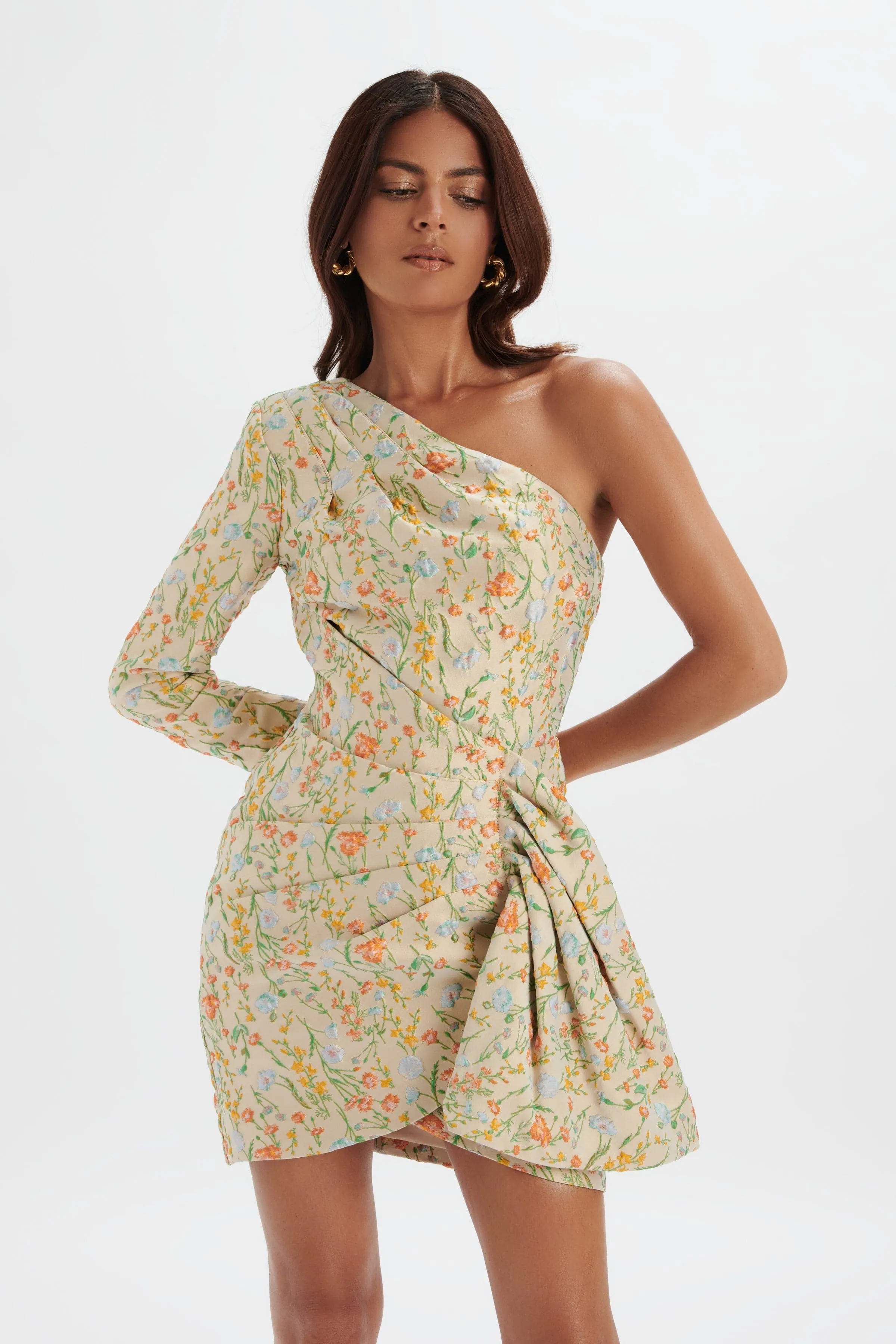 SUKI One Shoulder Wrap Mini Dress in Floral Brocade