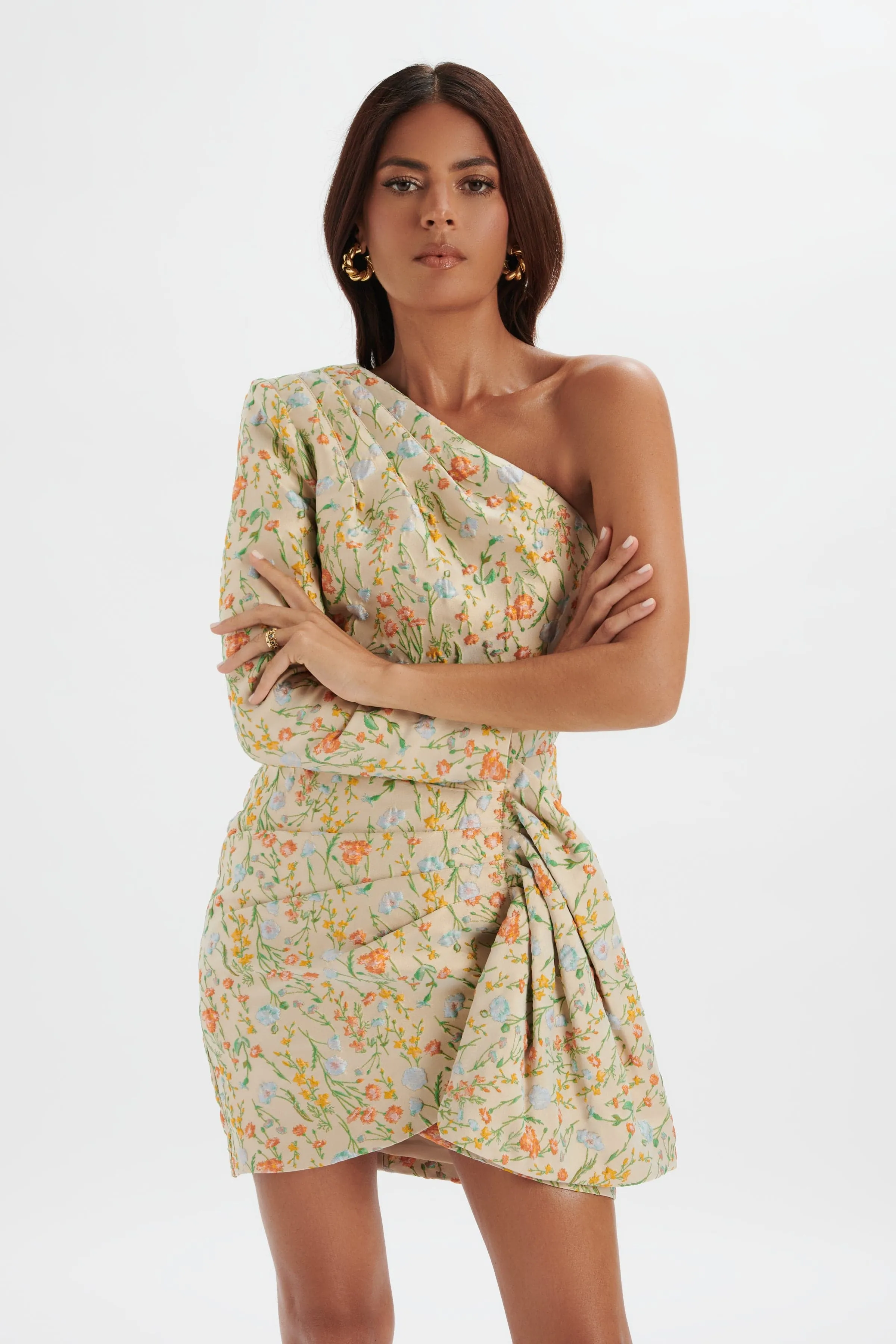 SUKI One Shoulder Wrap Mini Dress in Floral Brocade