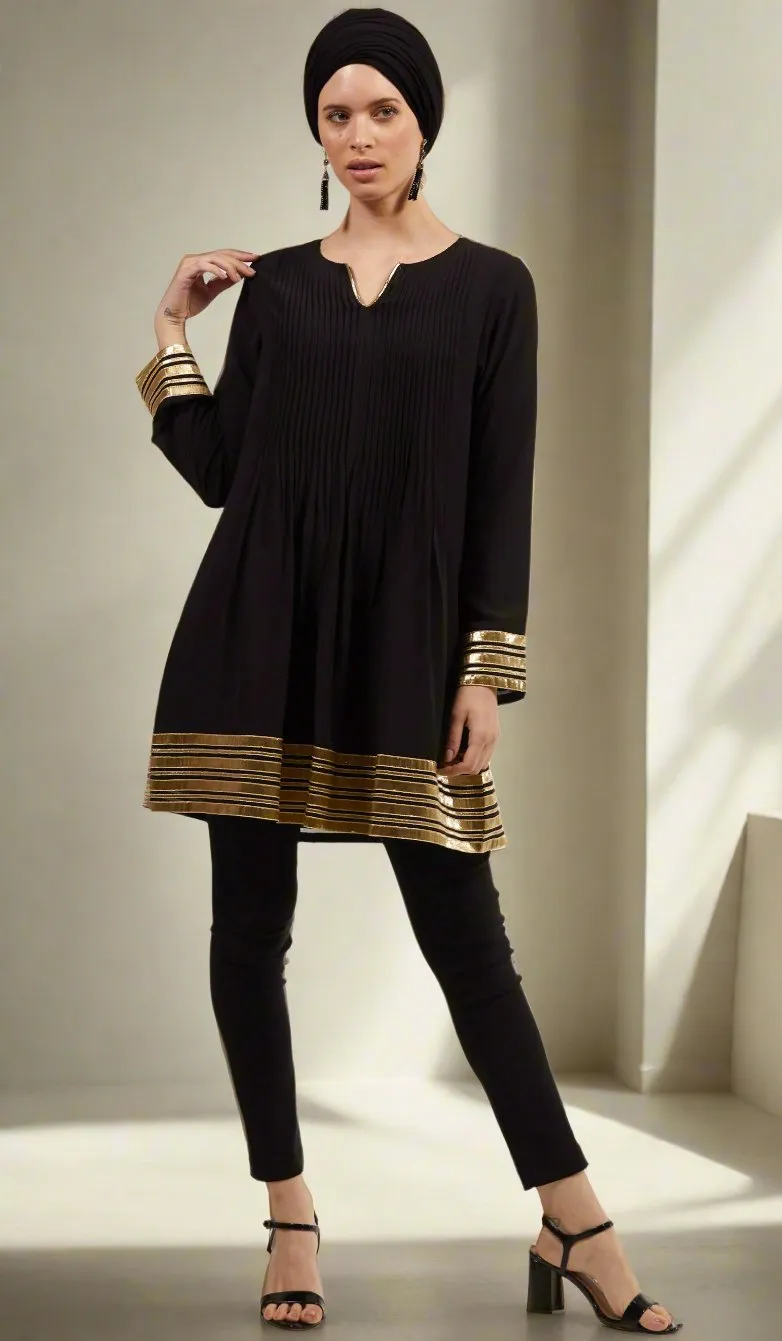 Sultana Gold Embellished Long Modest Tunic - Black