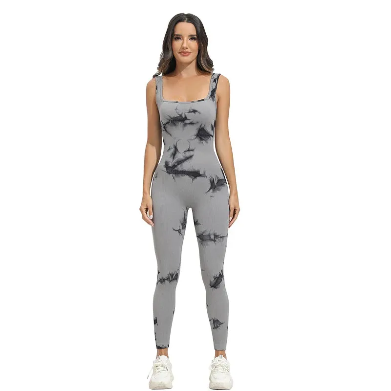 Tie-Dye Women's Yoga Ribbed One-Piece Tank Top Jumpsuit Sleeveless Sports Jumpsuit