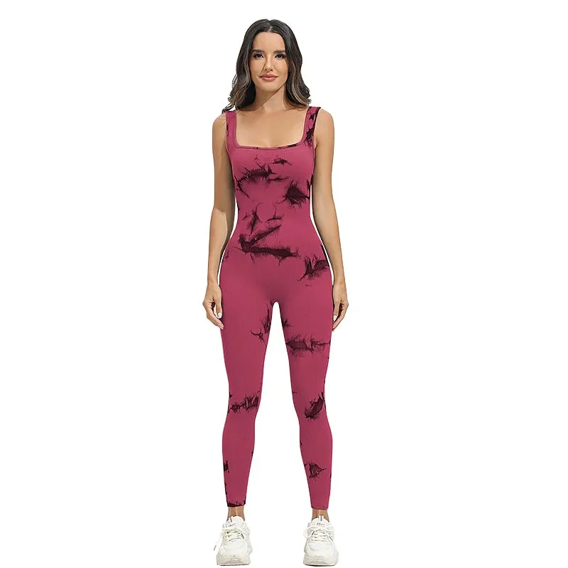 Tie-Dye Women's Yoga Ribbed One-Piece Tank Top Jumpsuit Sleeveless Sports Jumpsuit