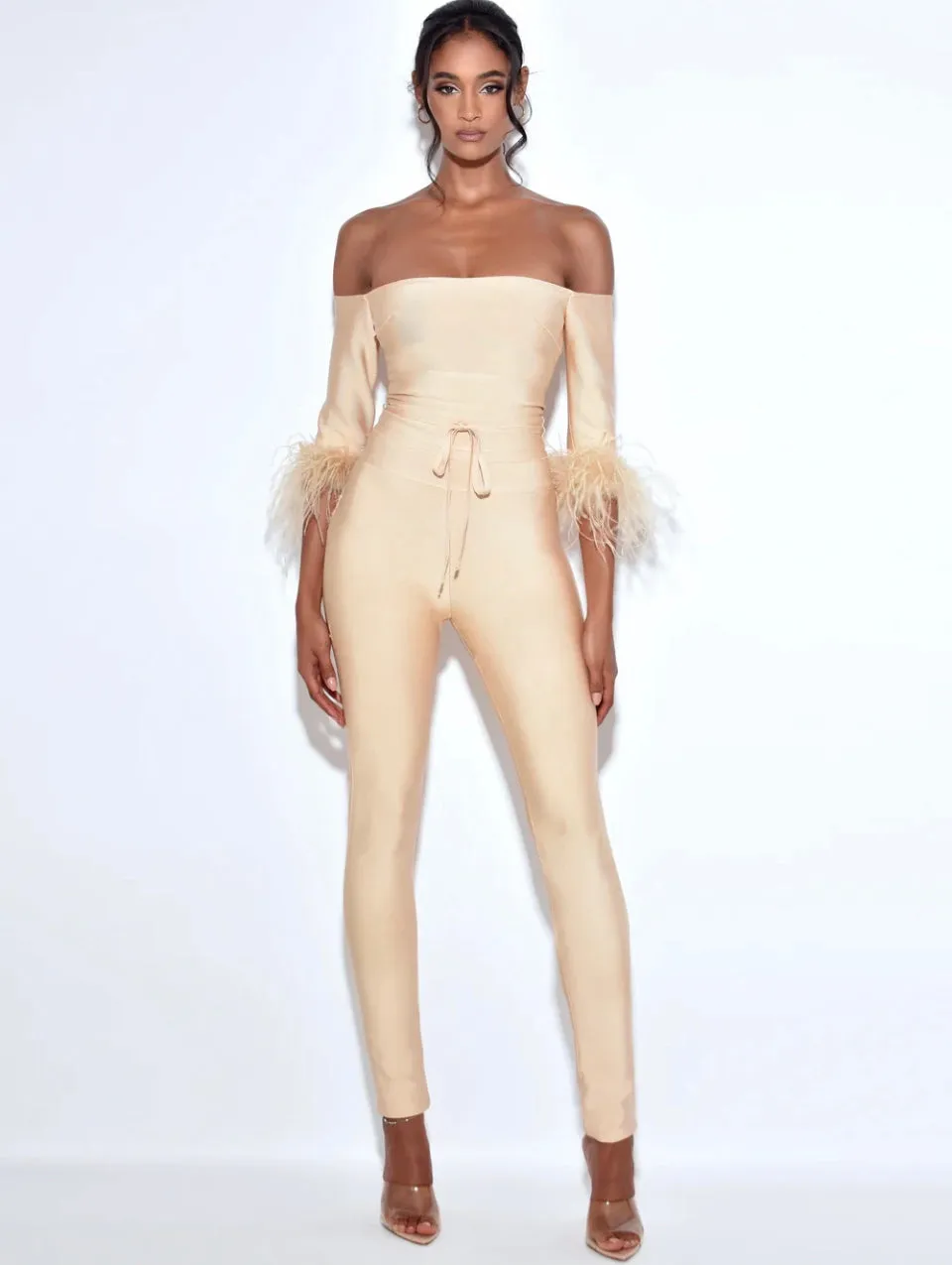 “Trophy Wife” Shoulder Feather Sleeve Bandage Jumpsuit