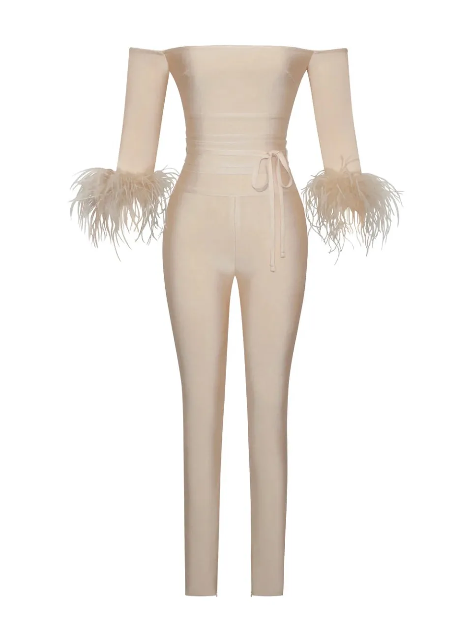 “Trophy Wife” Shoulder Feather Sleeve Bandage Jumpsuit