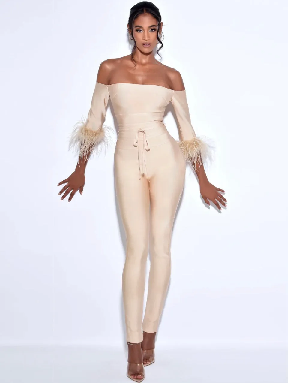 “Trophy Wife” Shoulder Feather Sleeve Bandage Jumpsuit